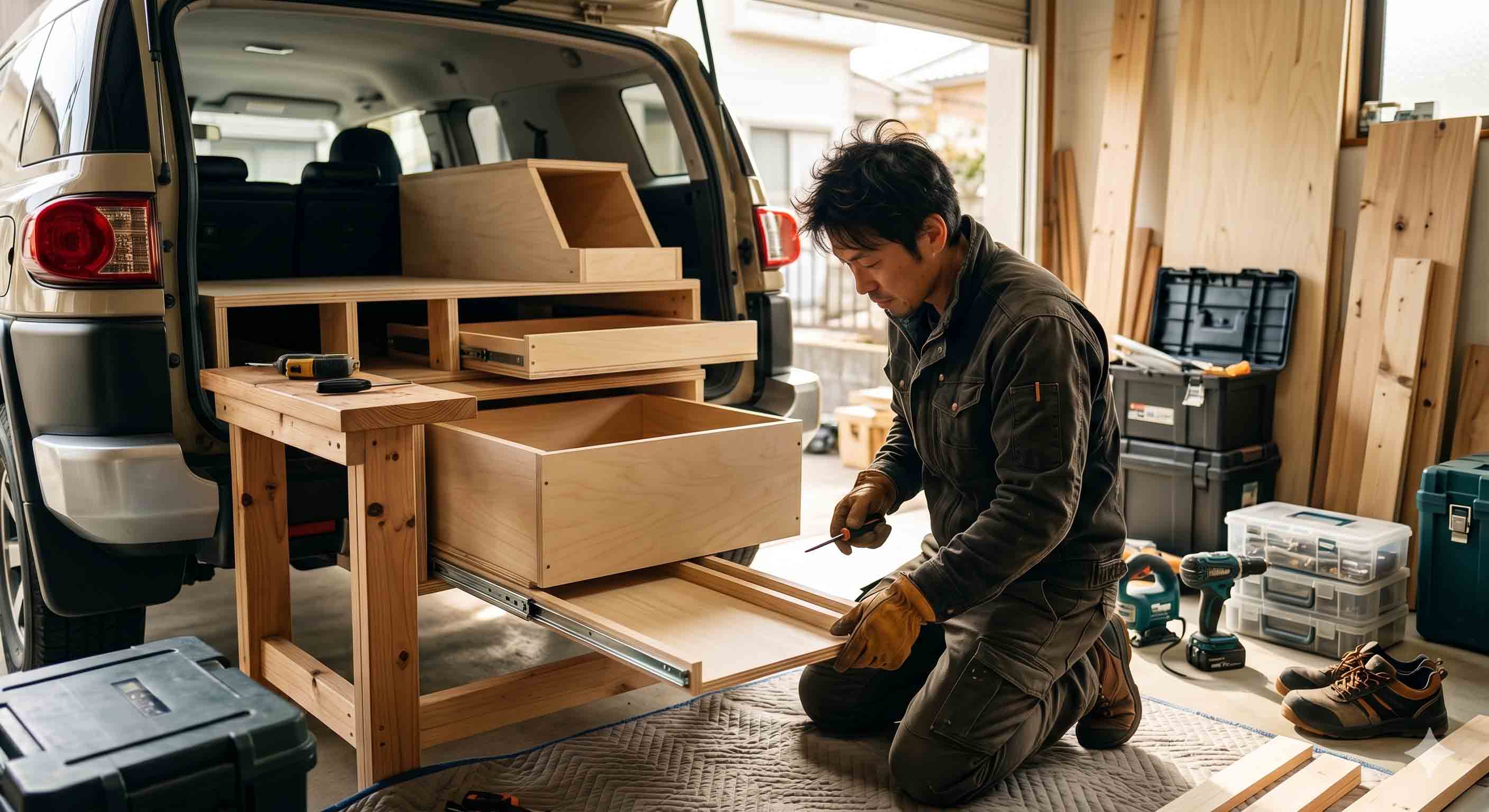 ランクルFJの収納を自作で空間拡張