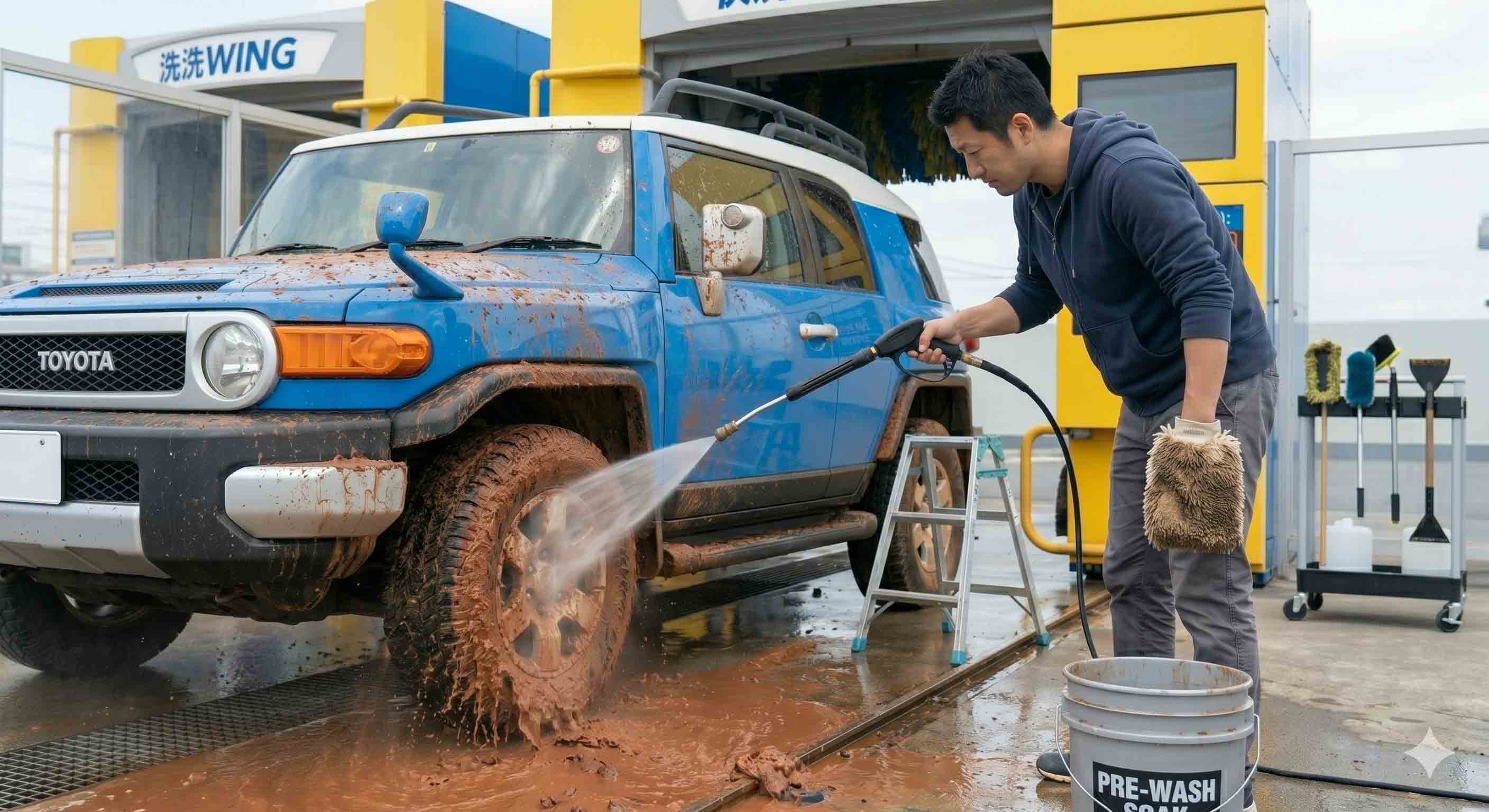 新型ランクルFJ、悪路走行後は手洗いで泥のプレウォッシュを